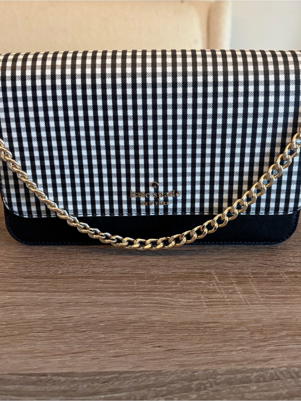 Kate Spade Black and White Gingham Crossbody with Gold Chain